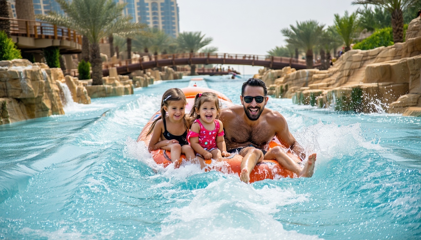 Family enjoying the lazy river at Aquaventure World Dubai