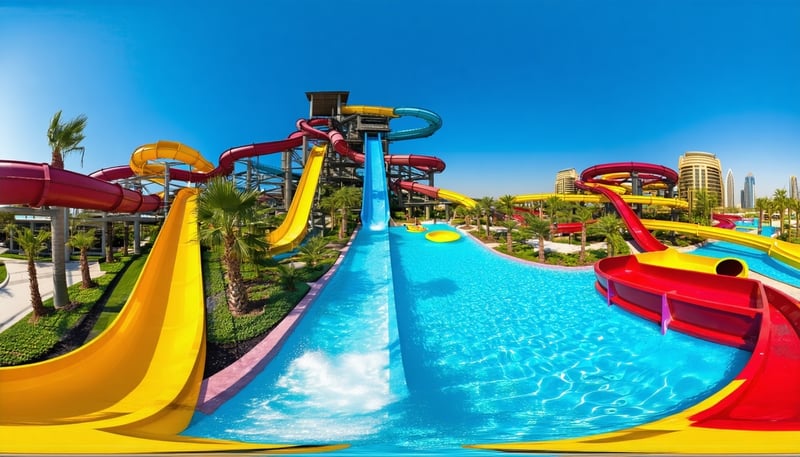 A panoramic view of Aquaventure World Dubai featuring thrilling water slides and attractions. A panoramic view of Aquaventure World Dubai featuring thrilling water slides and attractions.