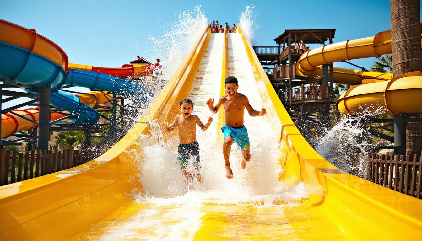 Family enjoying thrilling water slides at Aquaventure World Dubai